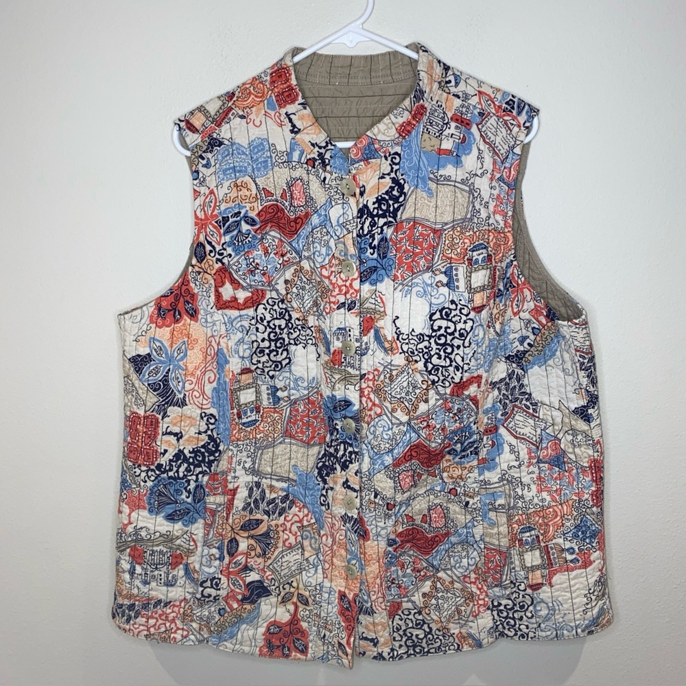 Handmade Reversible Quilted Vest Multicolor Button Closure Pockets XL‎ - 2XL